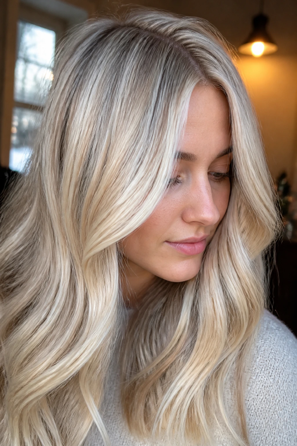Close-up of a real woman's blonde hair showing beige, pearl, and ash tones under winter light by a window.