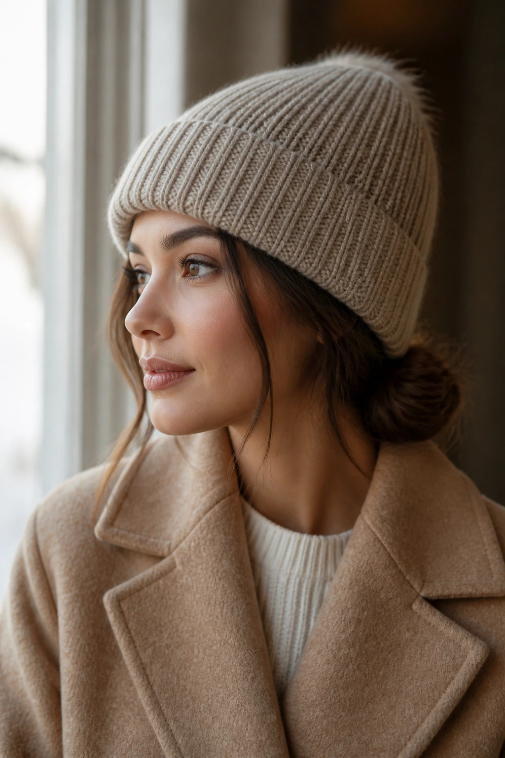 Portrait of a real woman with a low bun under a beanie.