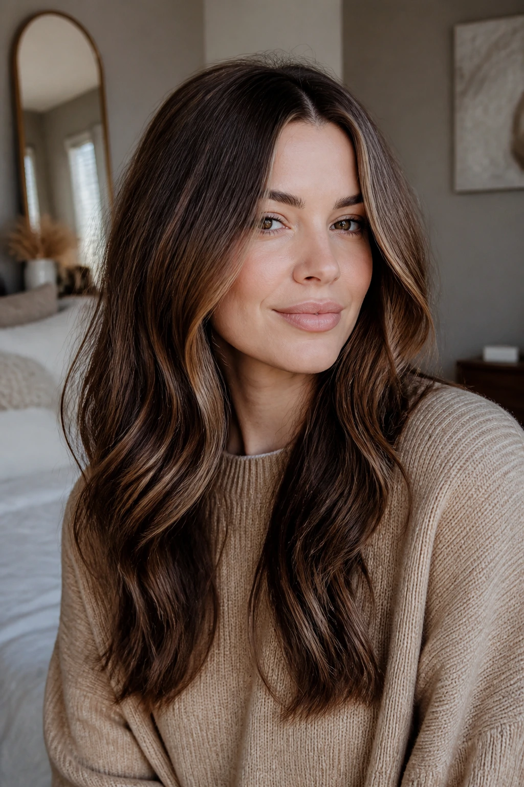 Close-up portrait of a real woman showing a balanced winter hair shade in natural window light.