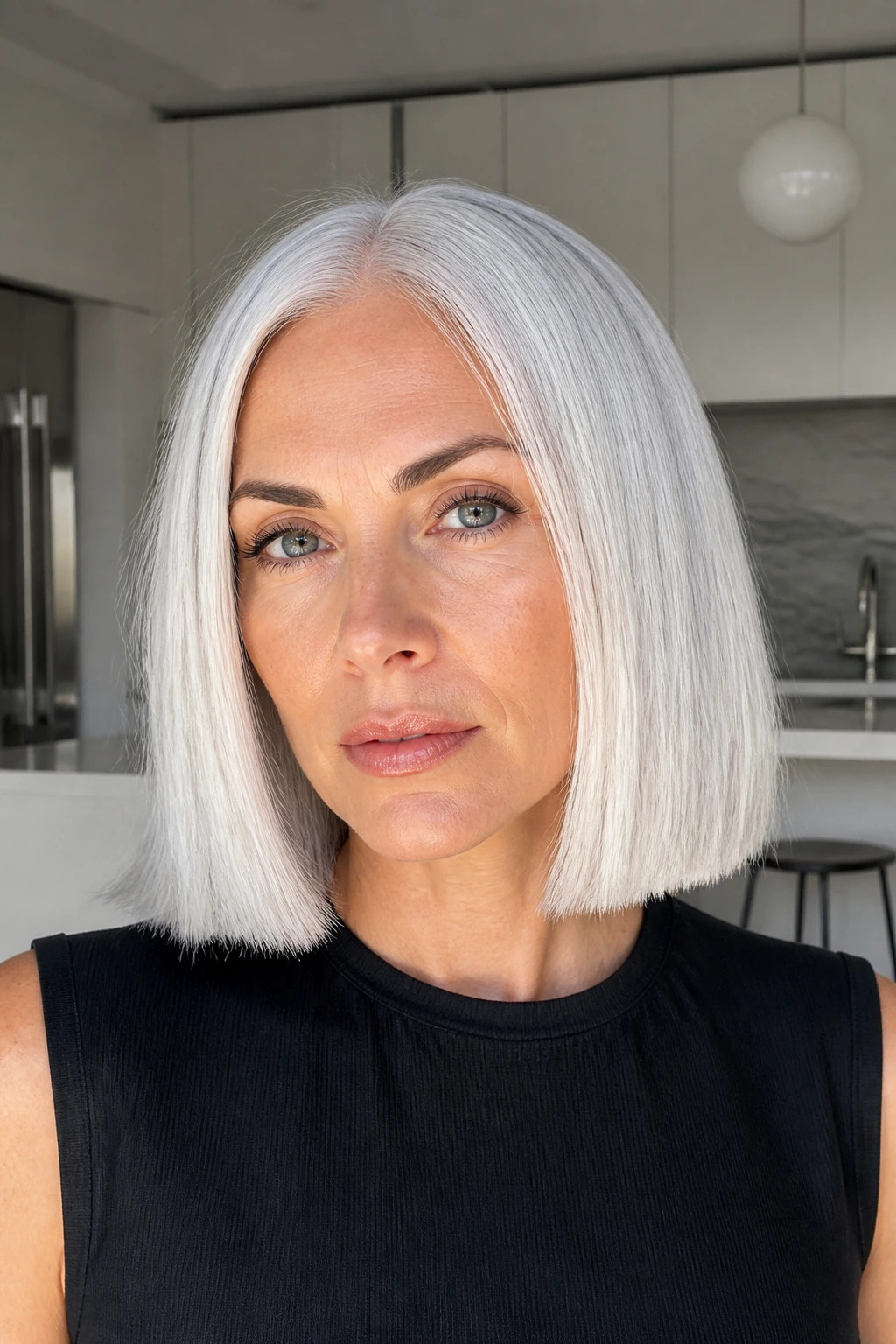 Close-up of a woman with winter white silver blunt cut hair in bright light