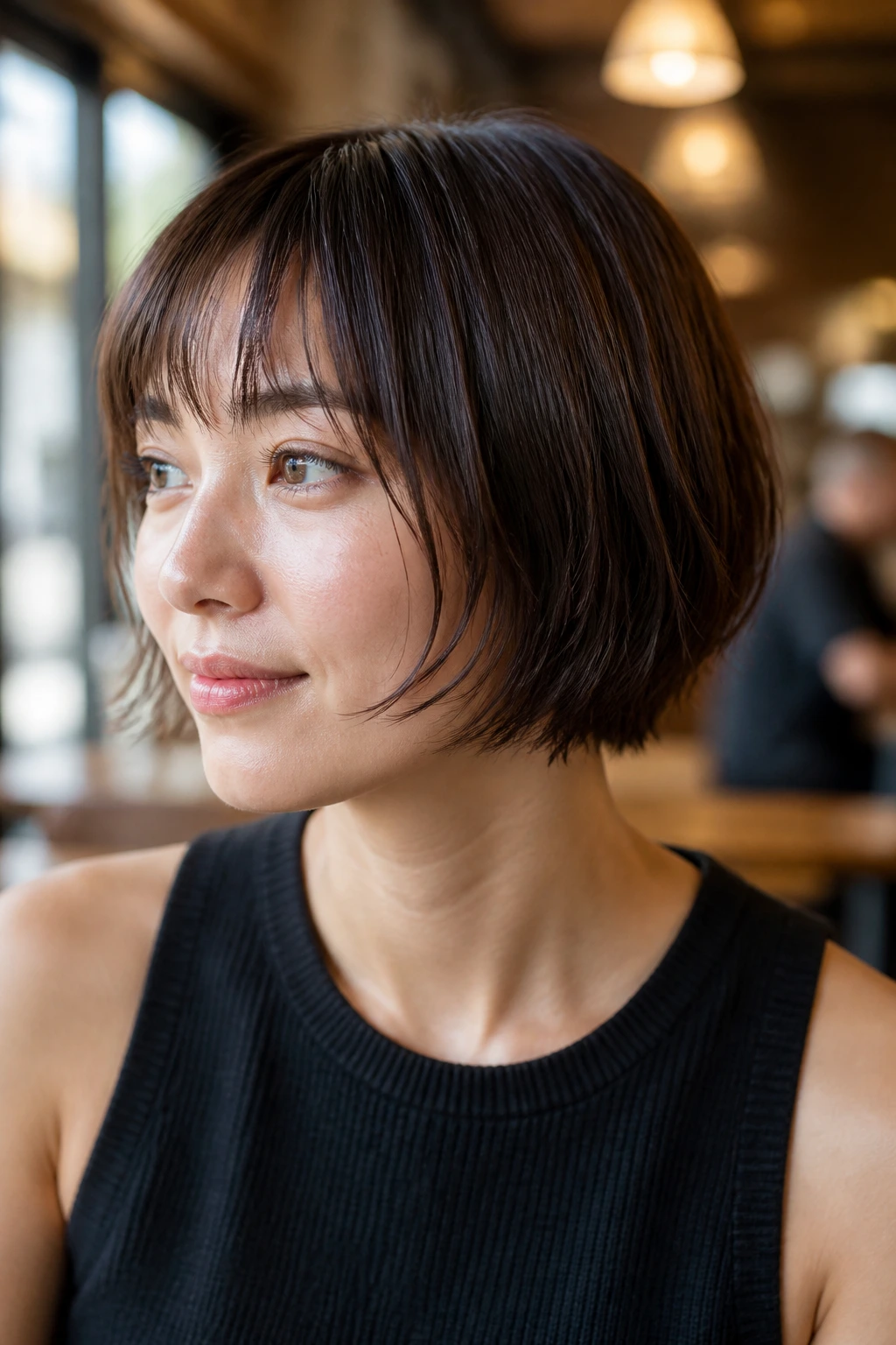 Close-up of a real woman with a wispy pageboy hairstyle