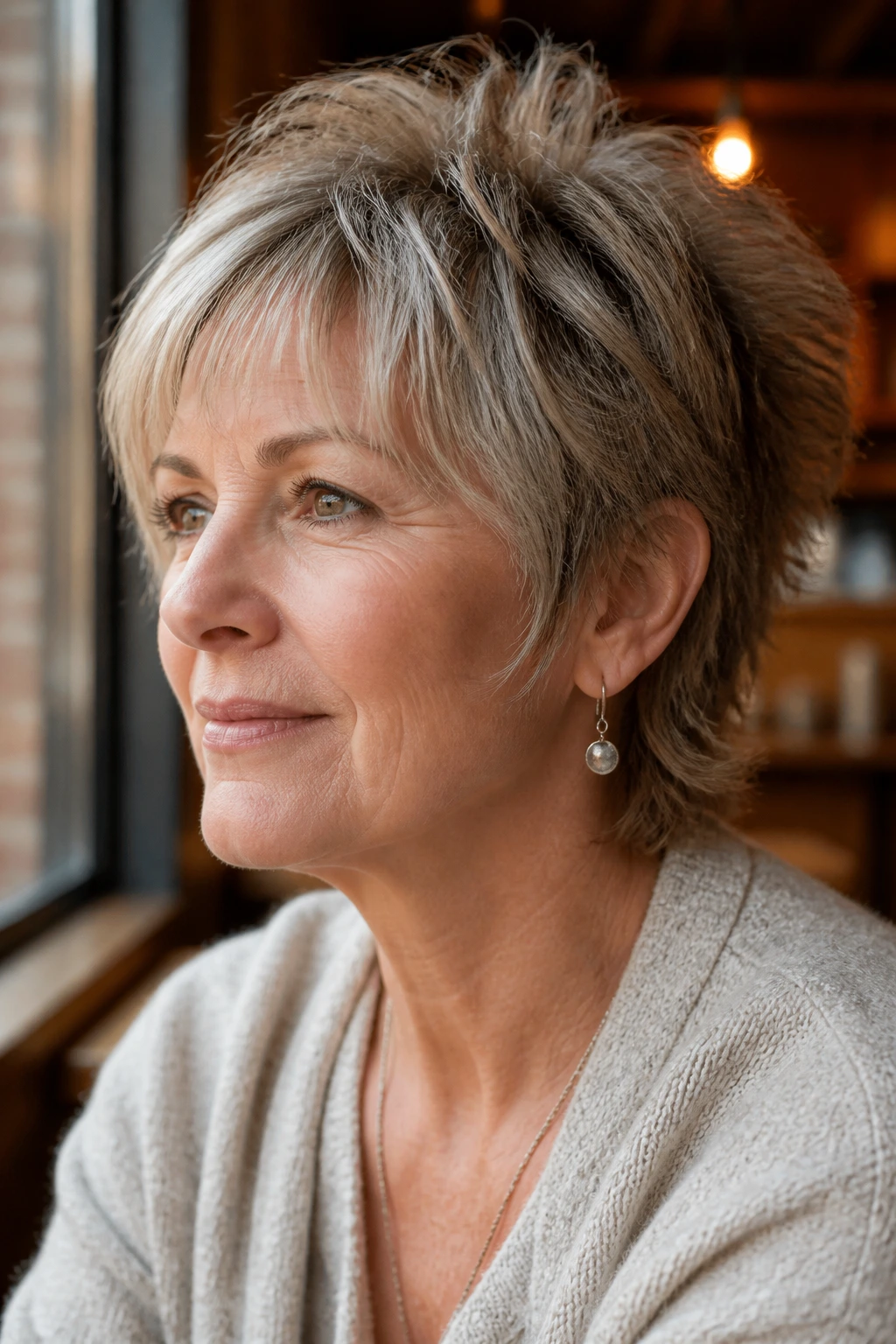 Close-up of an older woman with wispy bangs pixie mullet.