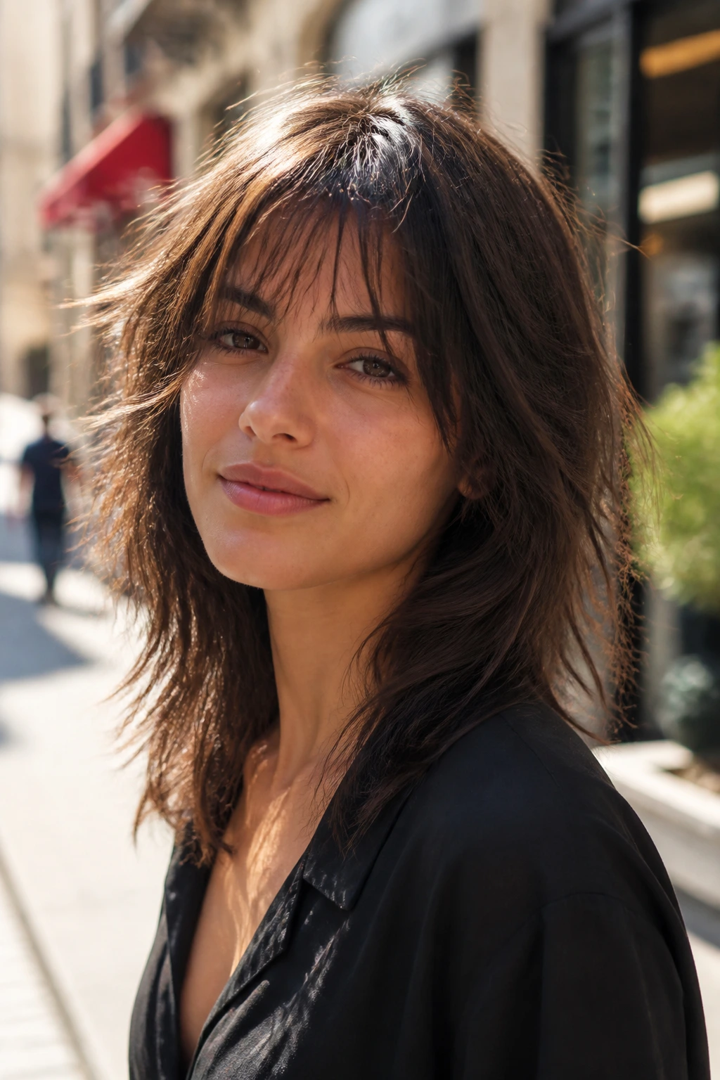 Real woman with wispy bangs shag outdoors in sunlight