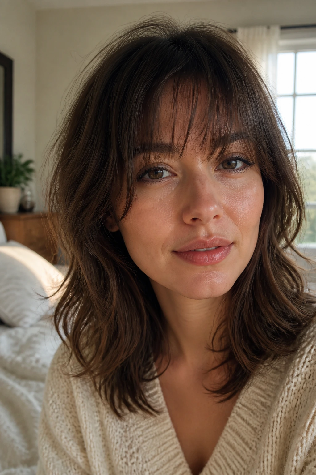 Close-up portrait of a real woman with wispy bangs and soft fringe