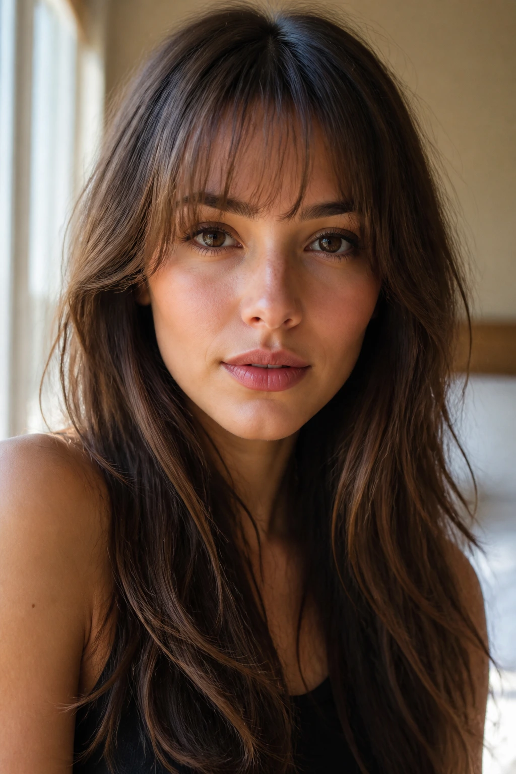 Real woman with wispy bangs barely touching the brow