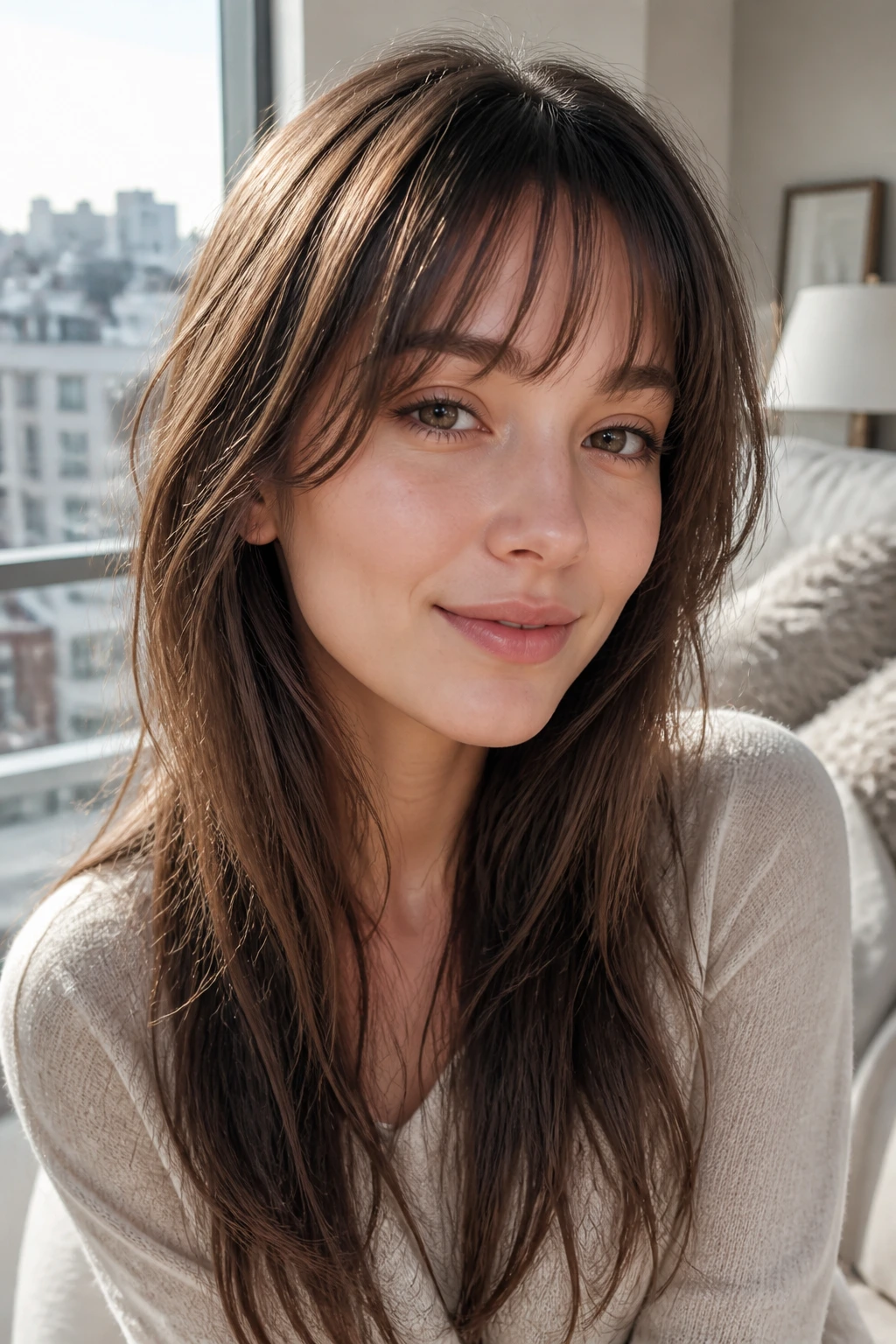 Wispy see-through bangs close-up portrait in bright airy apartment