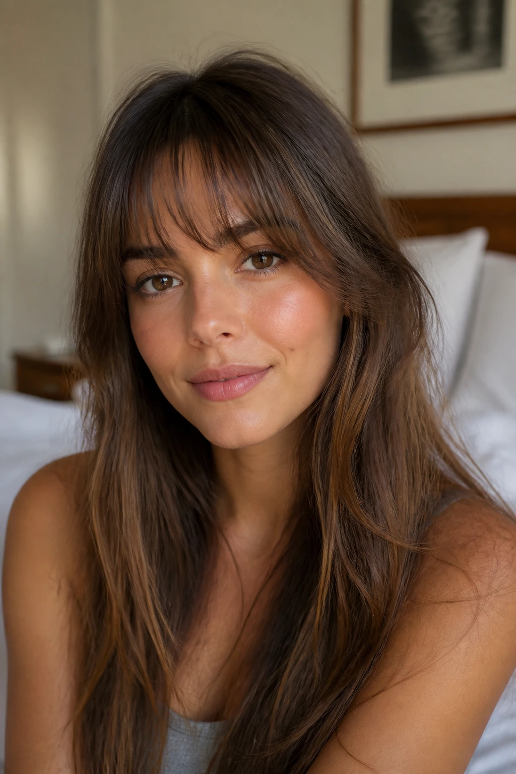 Close-up portrait of a real woman with soft arched wispy bangs framing her eyes in warm window light