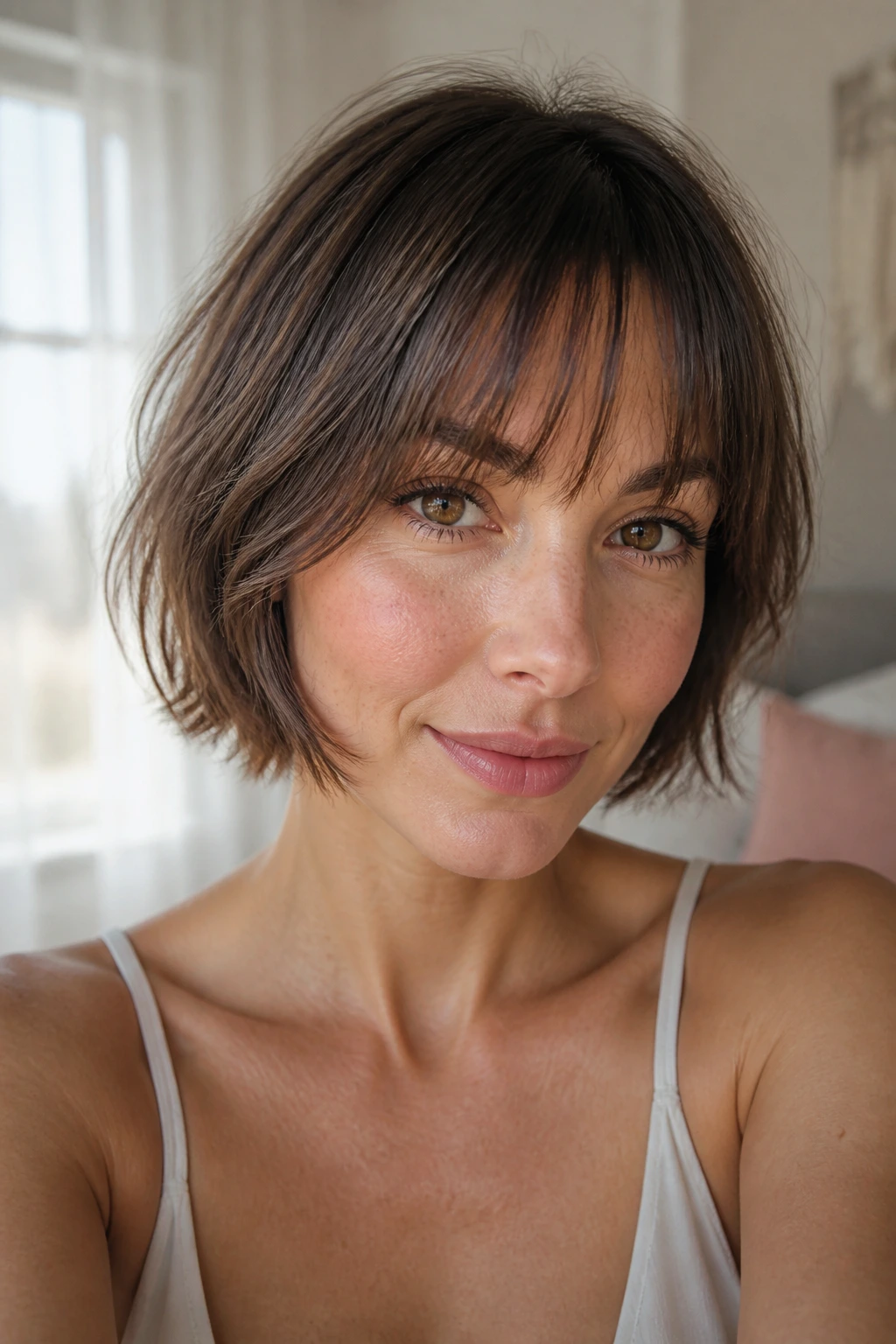Close-up portrait of a real woman with a wispy bang bob.