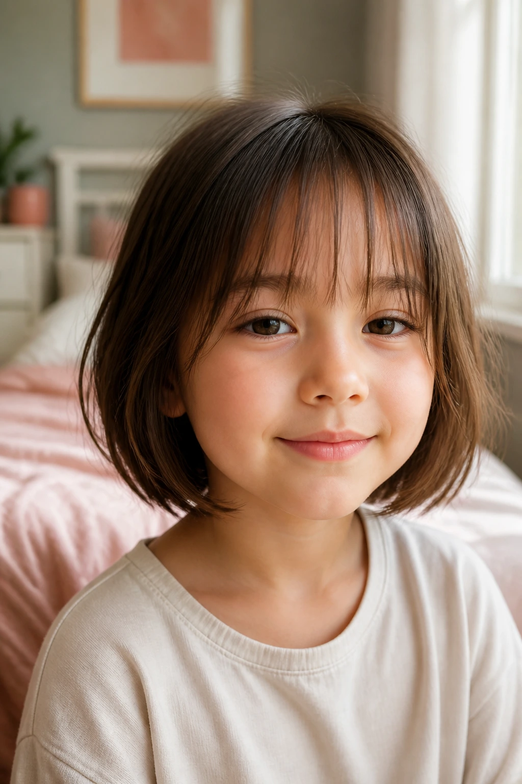 Close-up of a real child with wispy bangs bob in a softly lit bedroom