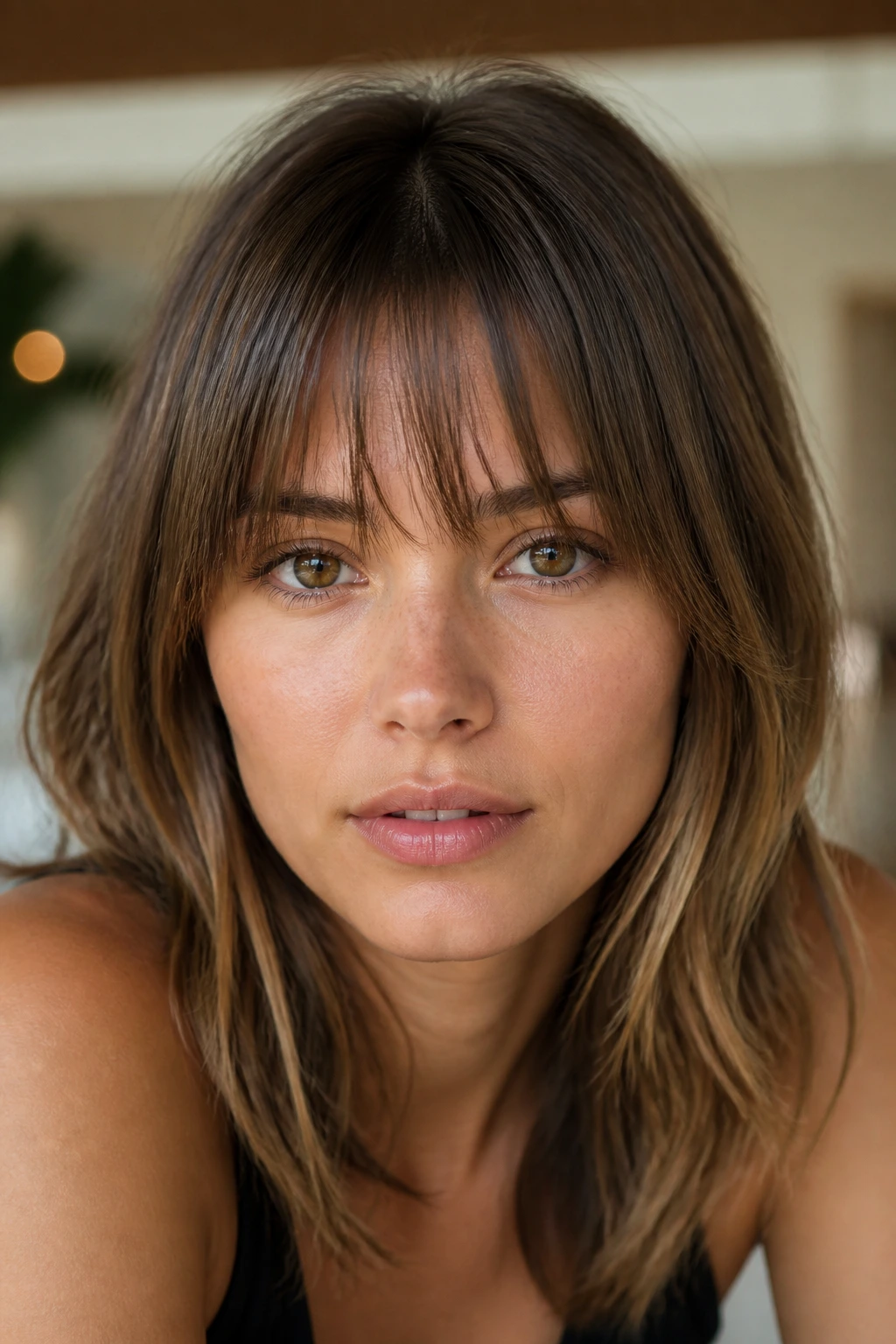 Portrait of a real woman with wispy brow-grazing bangs