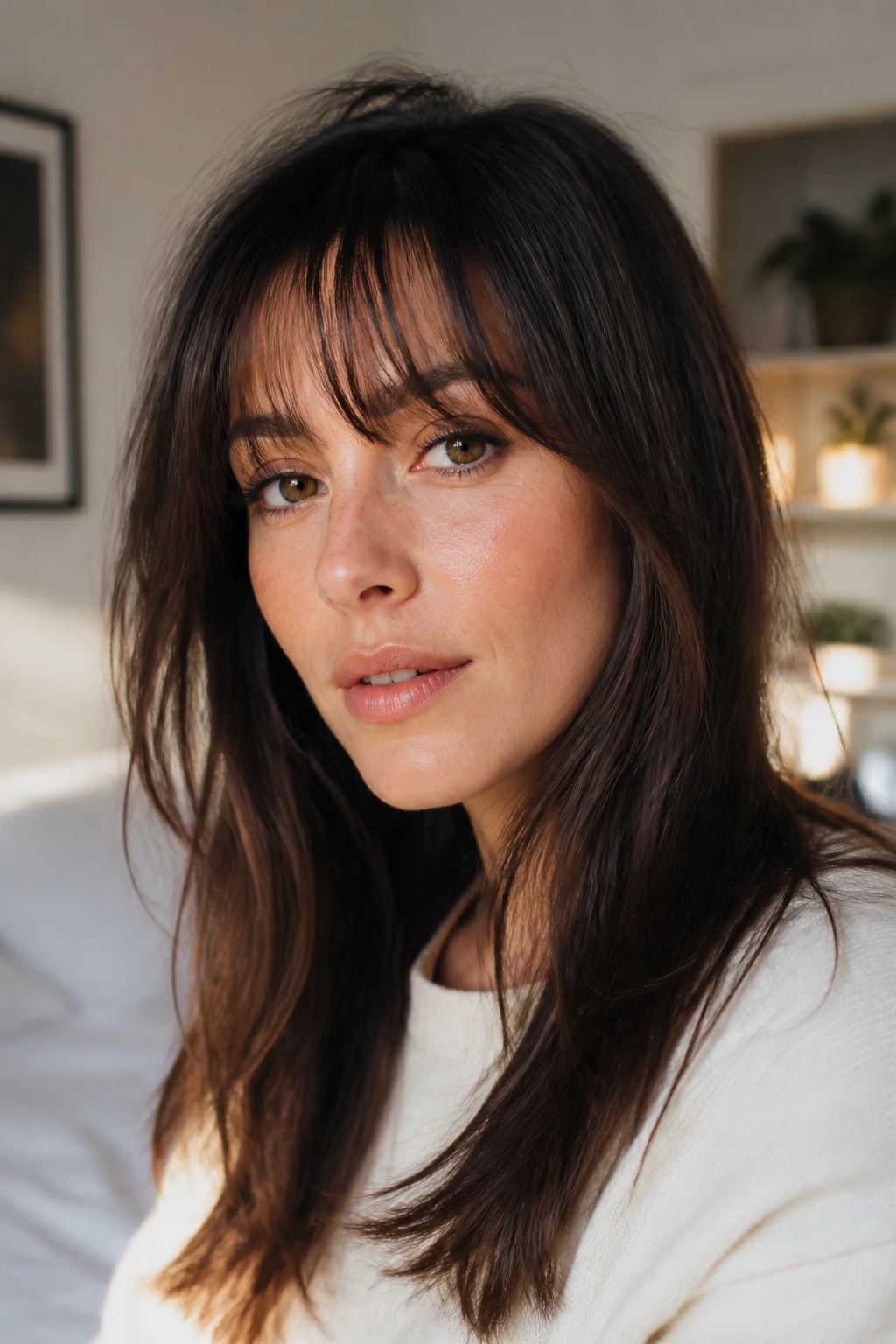 Real woman with wispy bangs showing density and length options