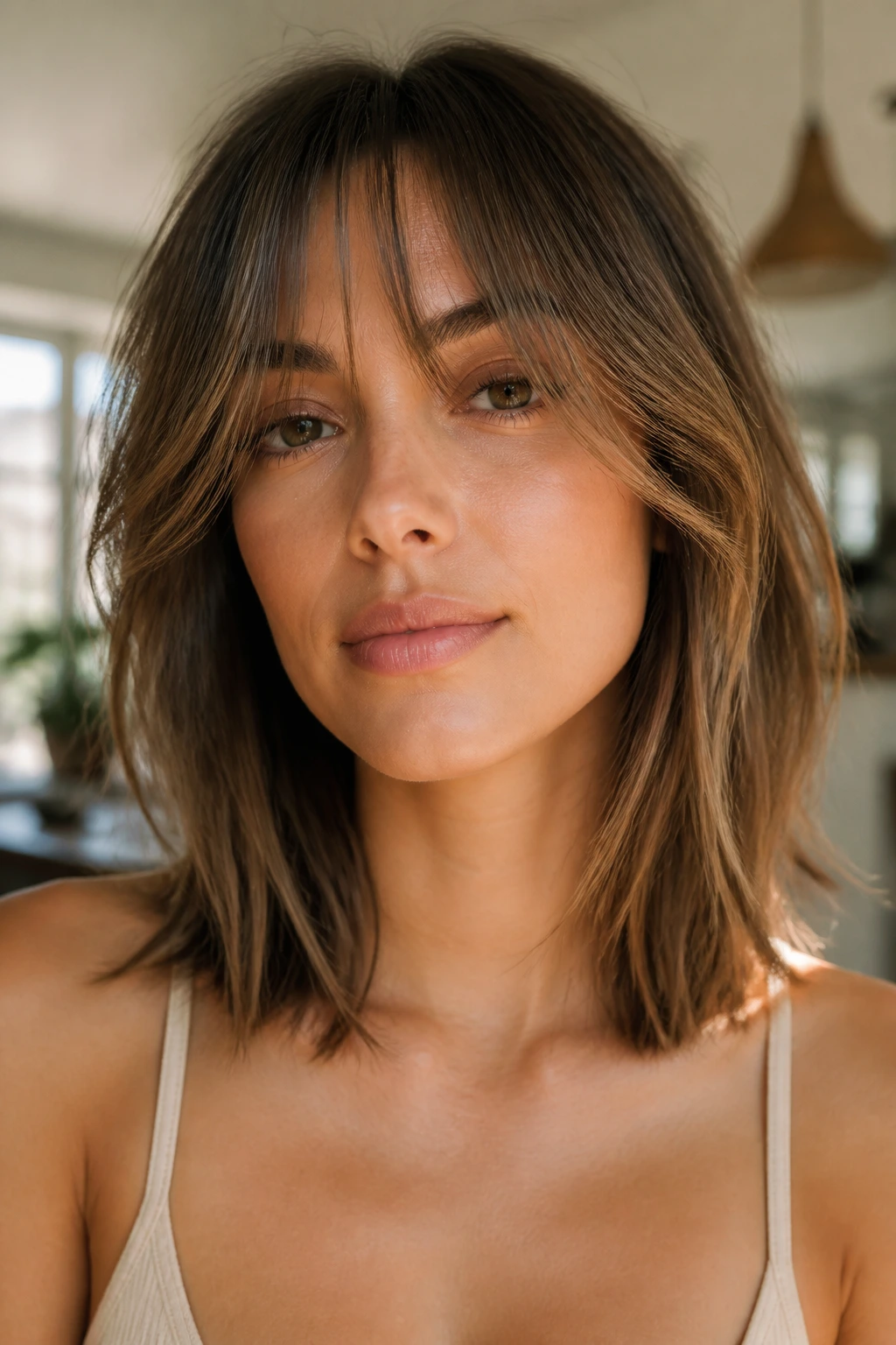Real woman with wispy curtain bangs and collarbone-length lob