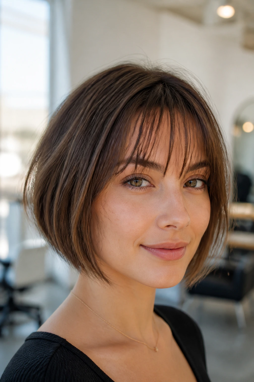 Close-up of a real woman with wispy piecey bangs on fine hair in a bright salon.