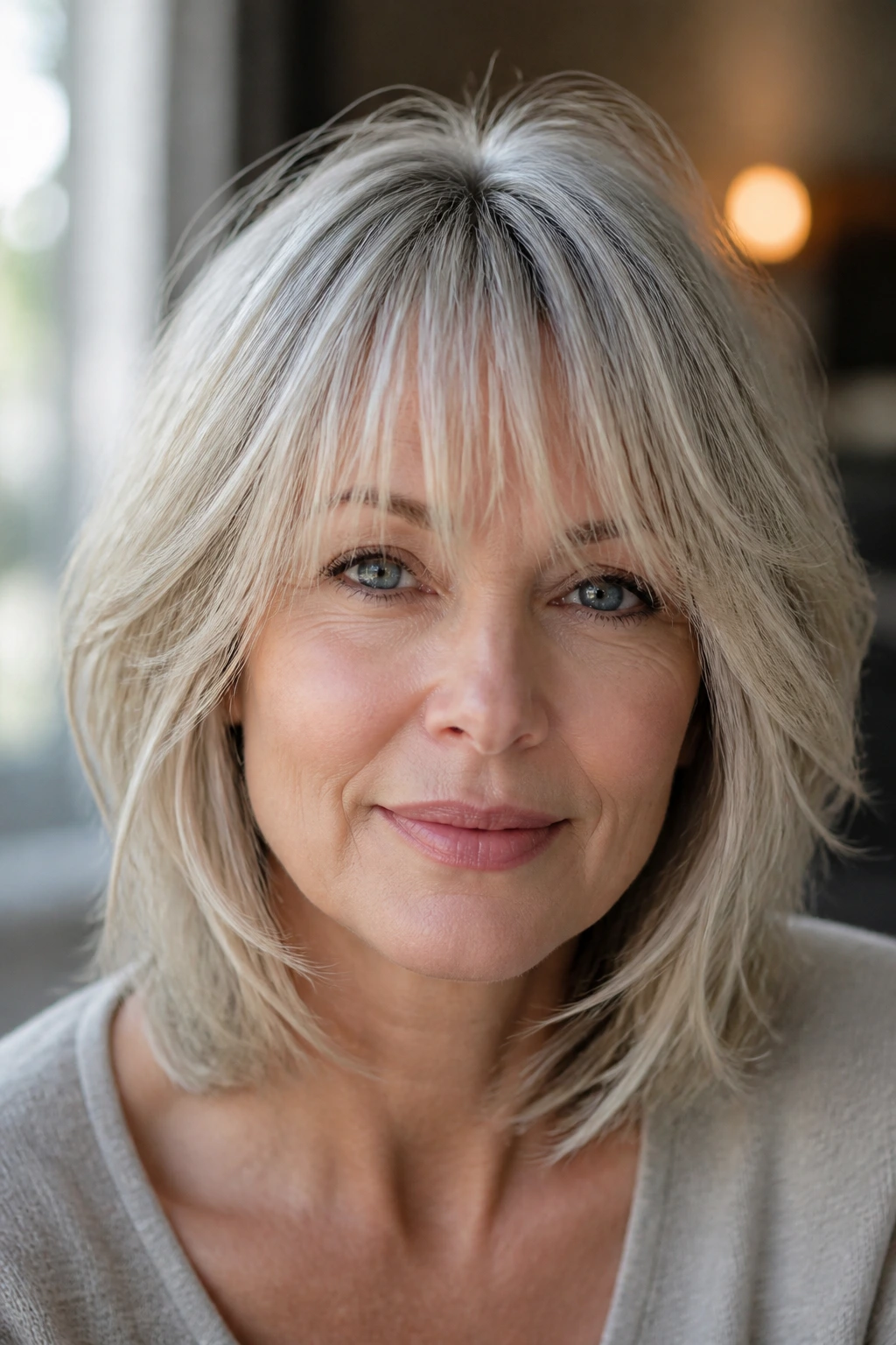 Close-up portrait of a woman with wispy feathered bangs on fine hair