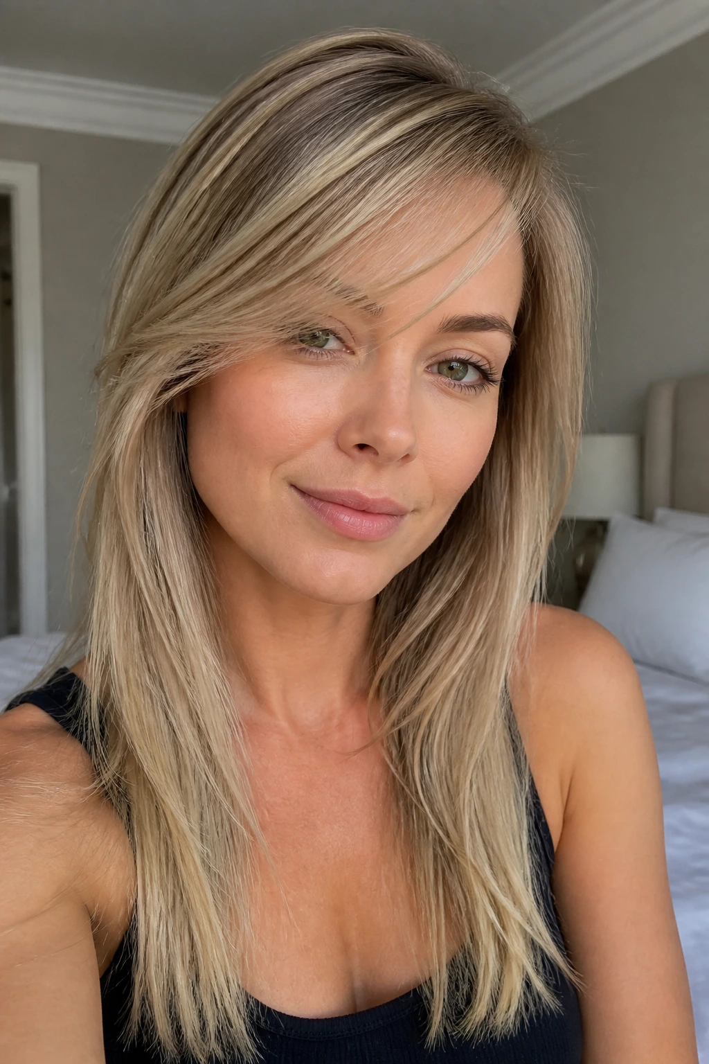 Woman with wispy side bangs on fine straight hair