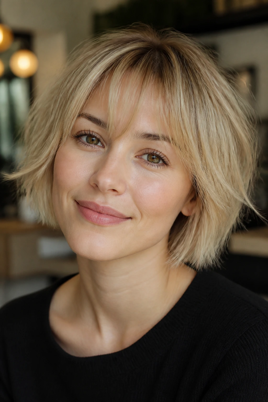 Close-up of a person with wispy bangs on fine hair in warm natural light