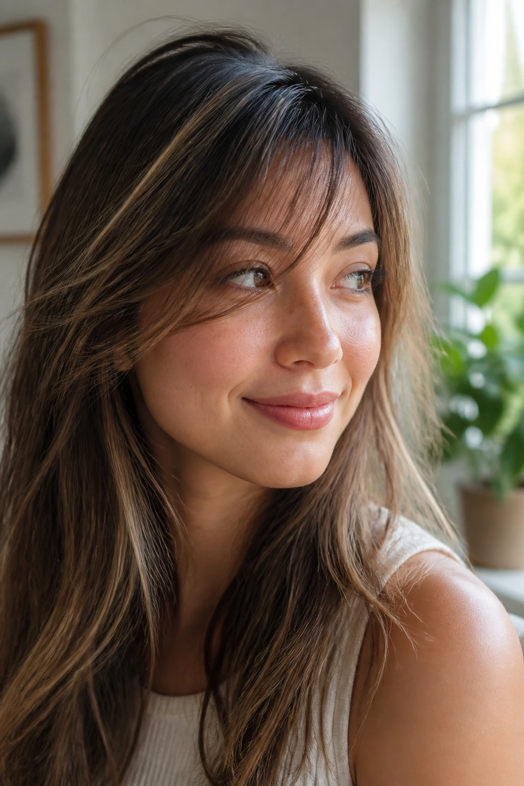 Portrait of a woman with wispy fine side bangs in natural daylight