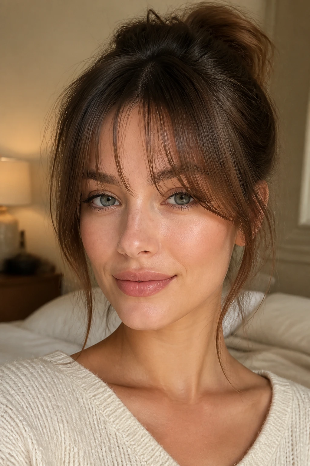 Close-up portrait of a real woman with wispy curtain bangs in soft natural daylight