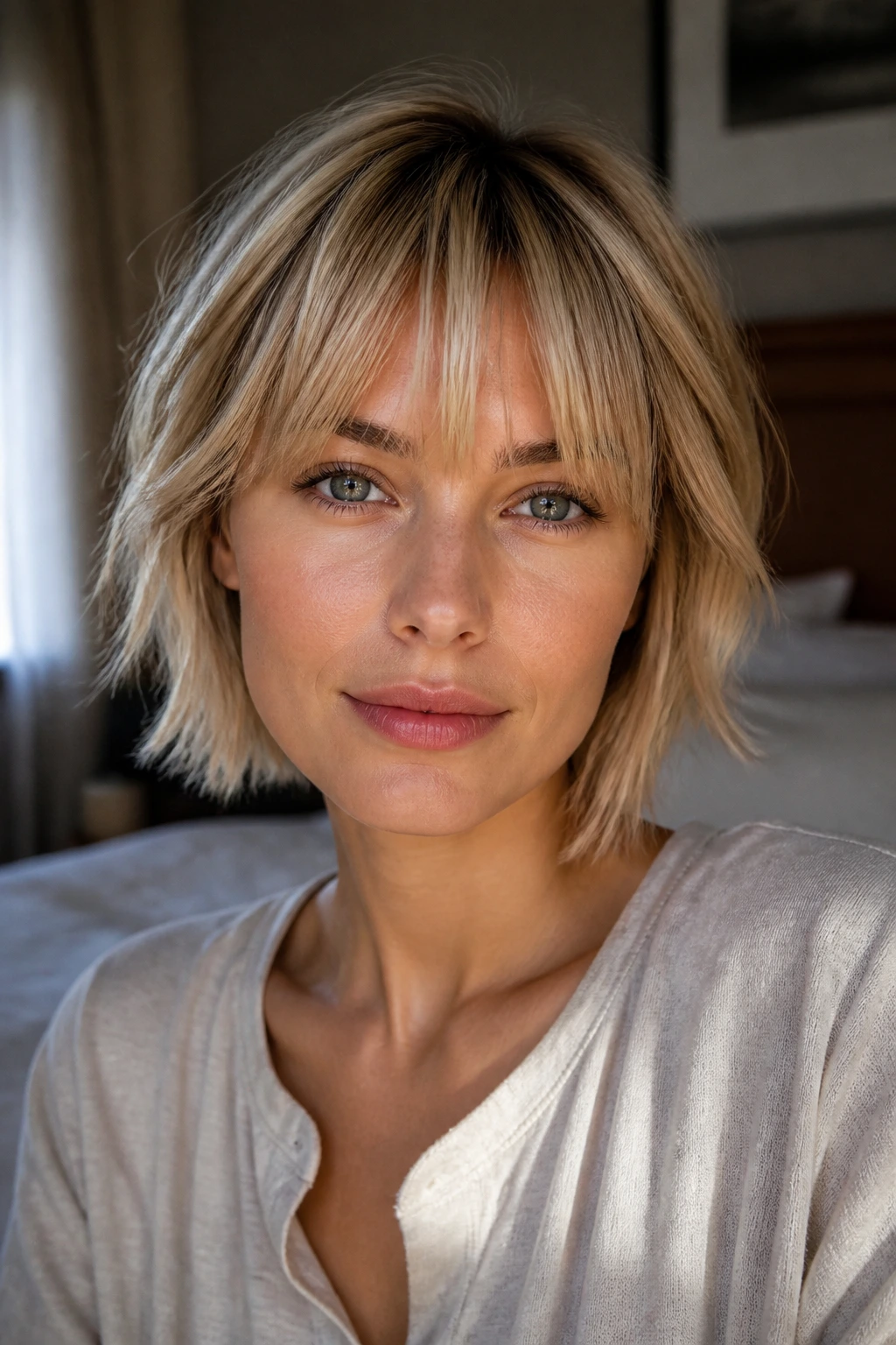 Portrait of a woman with wispy bangs shaping fine hair under soft window light