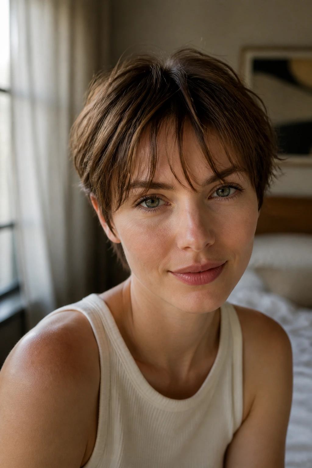 Close-up portrait of a real person with wispy bangs on fine short hair in window light