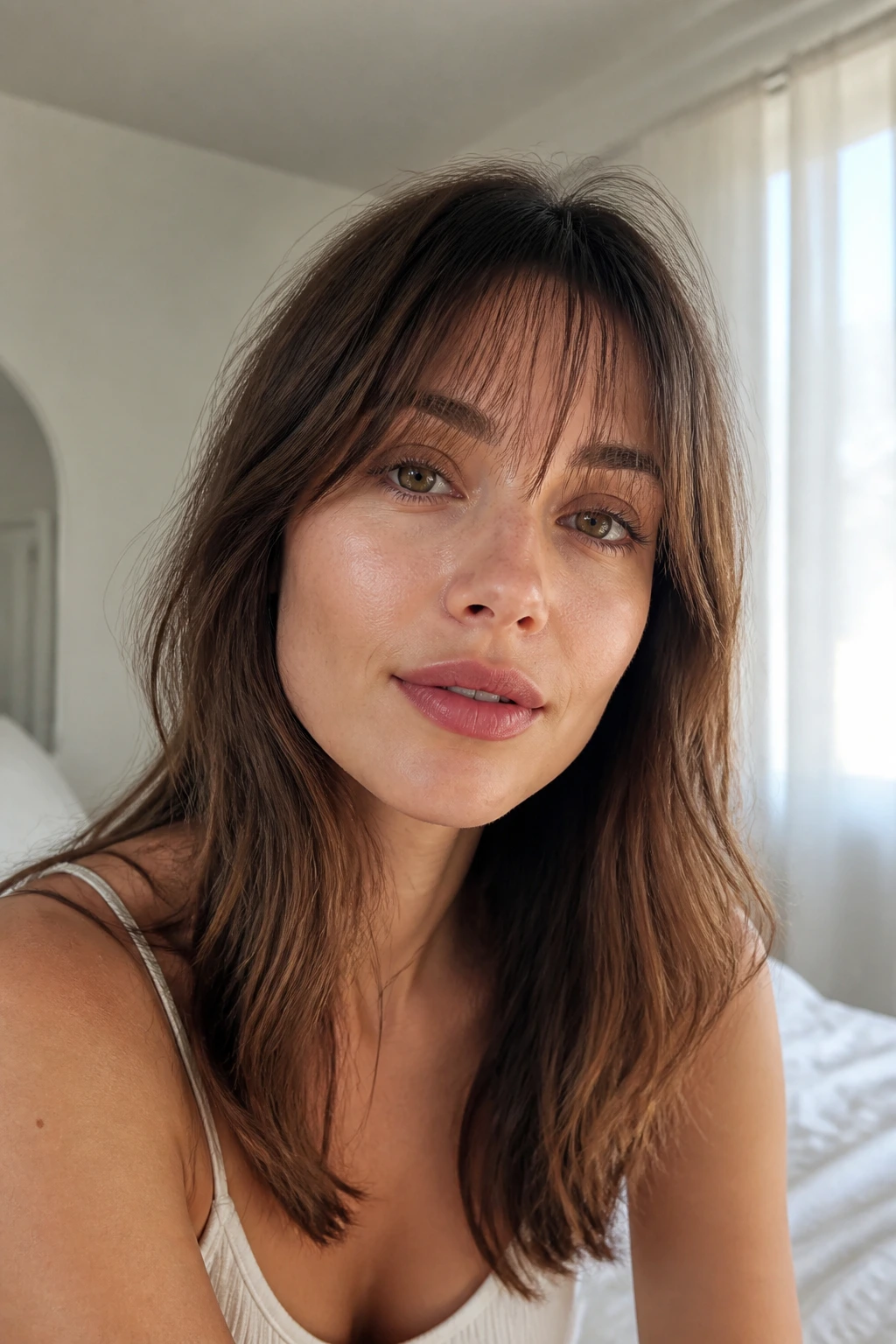 Close-up of real woman with wispy bangs in soft light