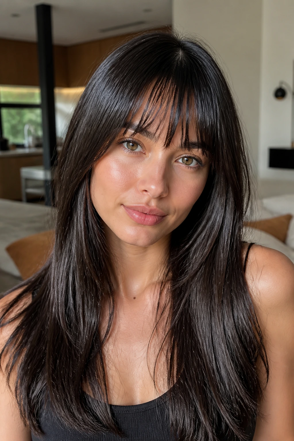 Close-up of a real person with wispy bangs and glossy hair in bright living space