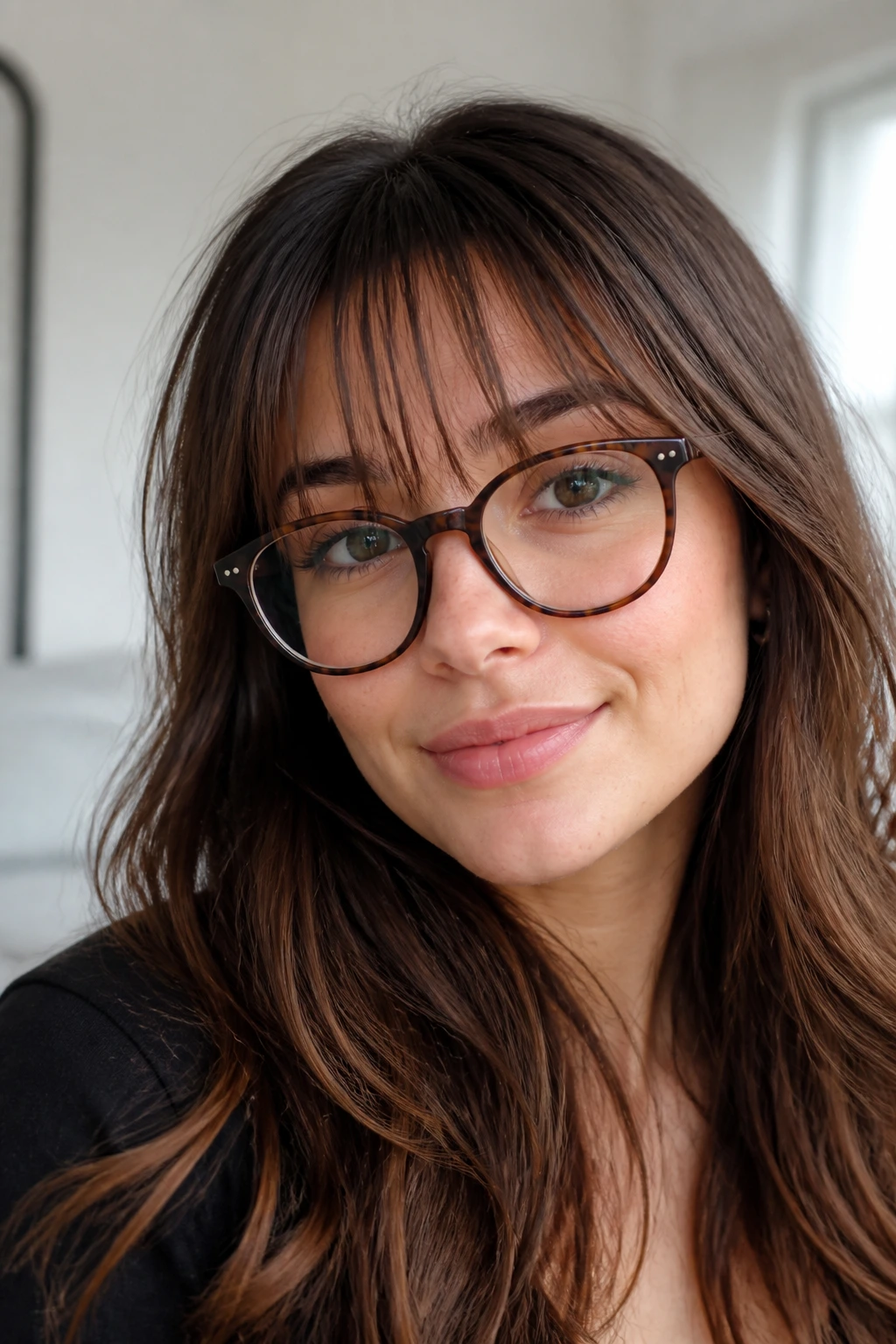 Woman with wispy see-through bangs and glasses in natural light.