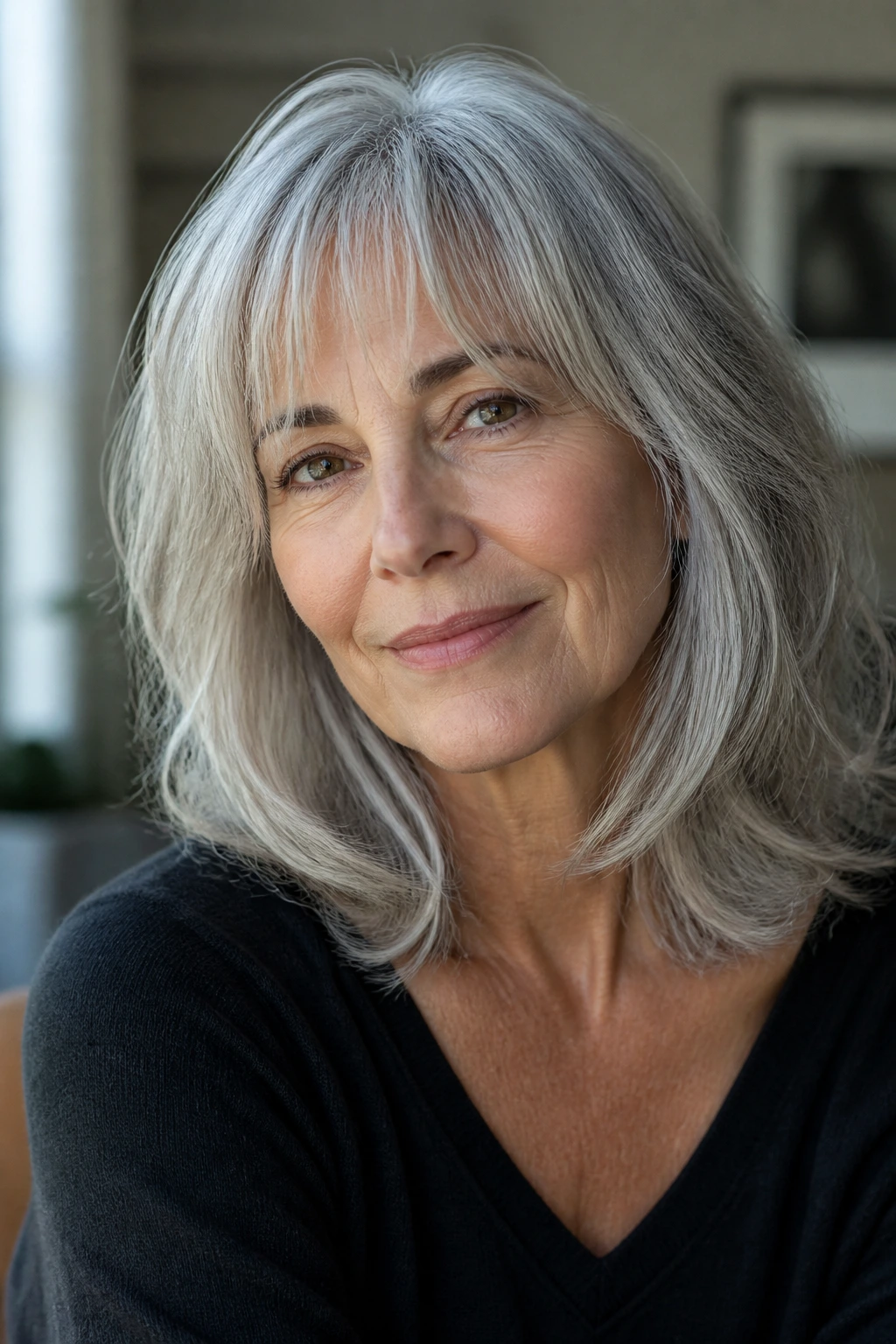 Portrait of an older woman with wispy bangs and layered gray hair framing the face