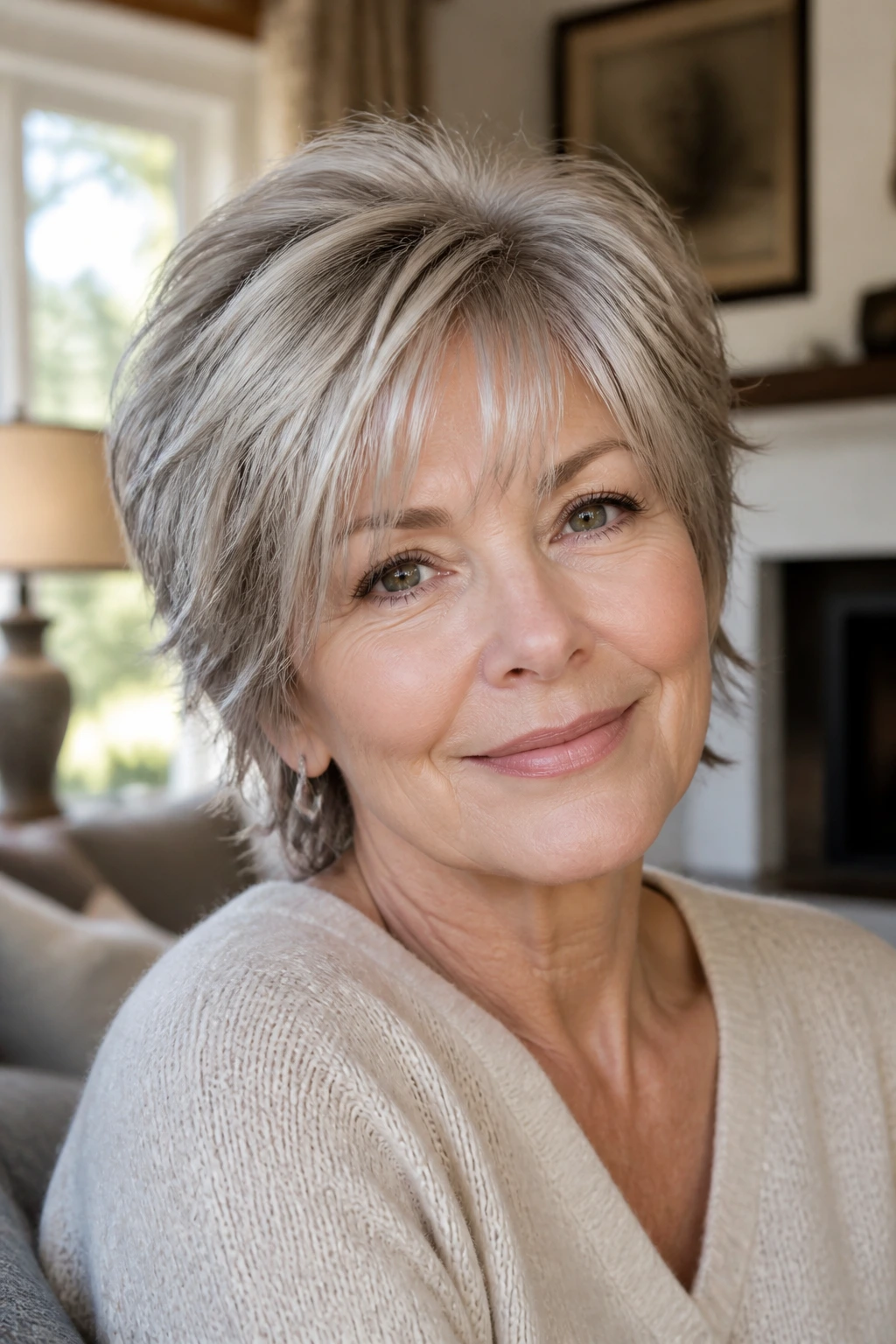 Close-up portrait of a woman over 50 with wispy bangs softly framing her face