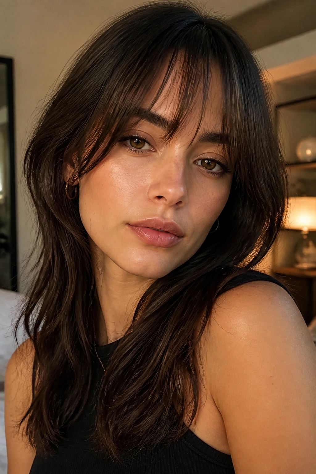 Real person with wispy bangs styled intentionally