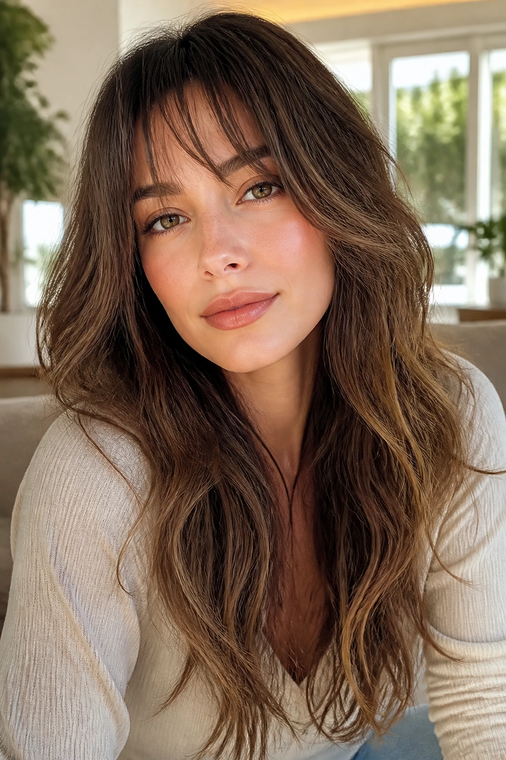 Portrait of woman with wispy bangs and long layered waves