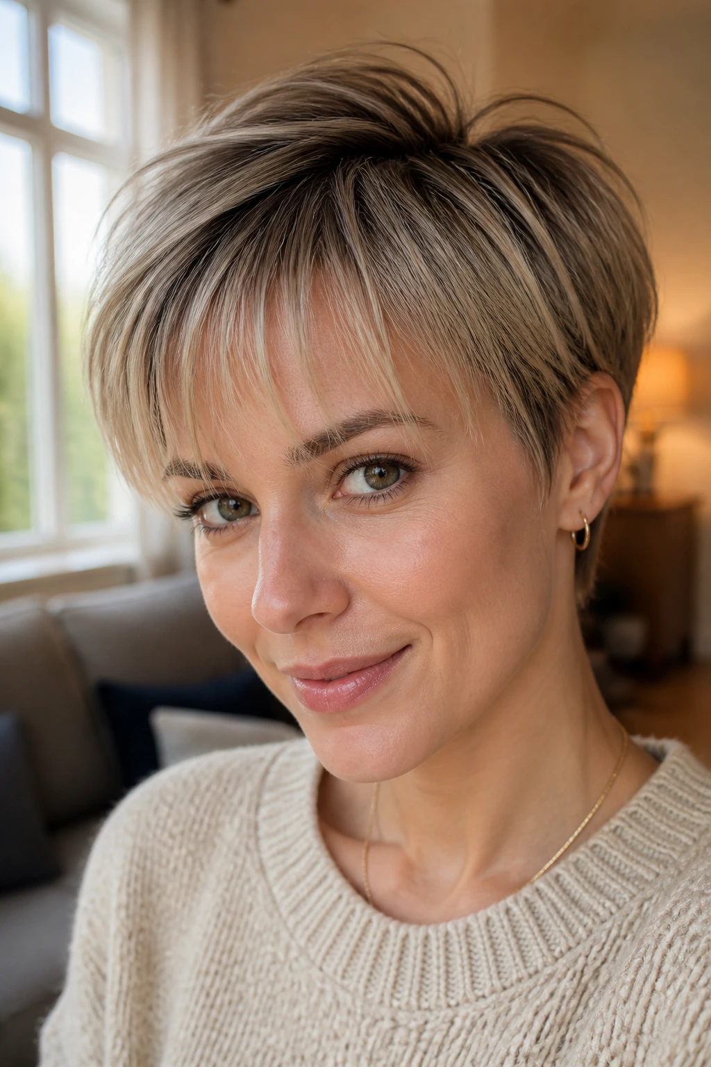 Portrait of a real person with wispy bangs showing lift and movement.