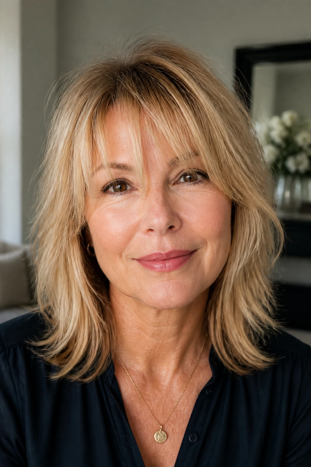 Real woman with light, airy wispy bangs.