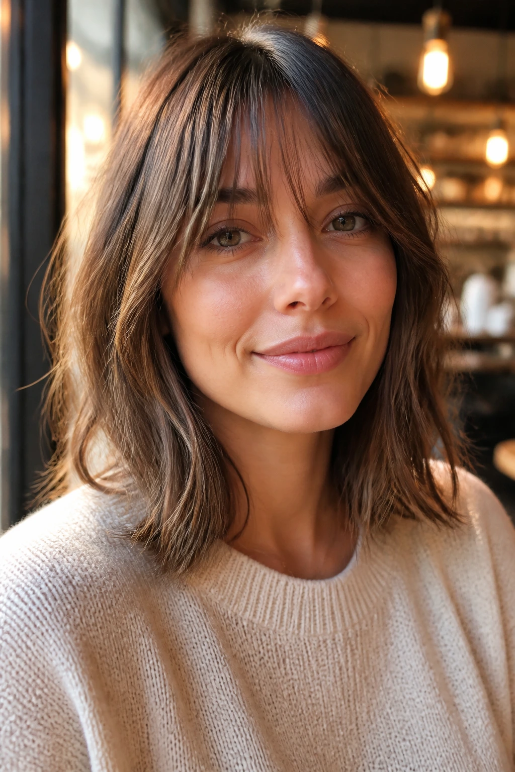 Close-up of a real person with wispy bangs on a lob in warm window light