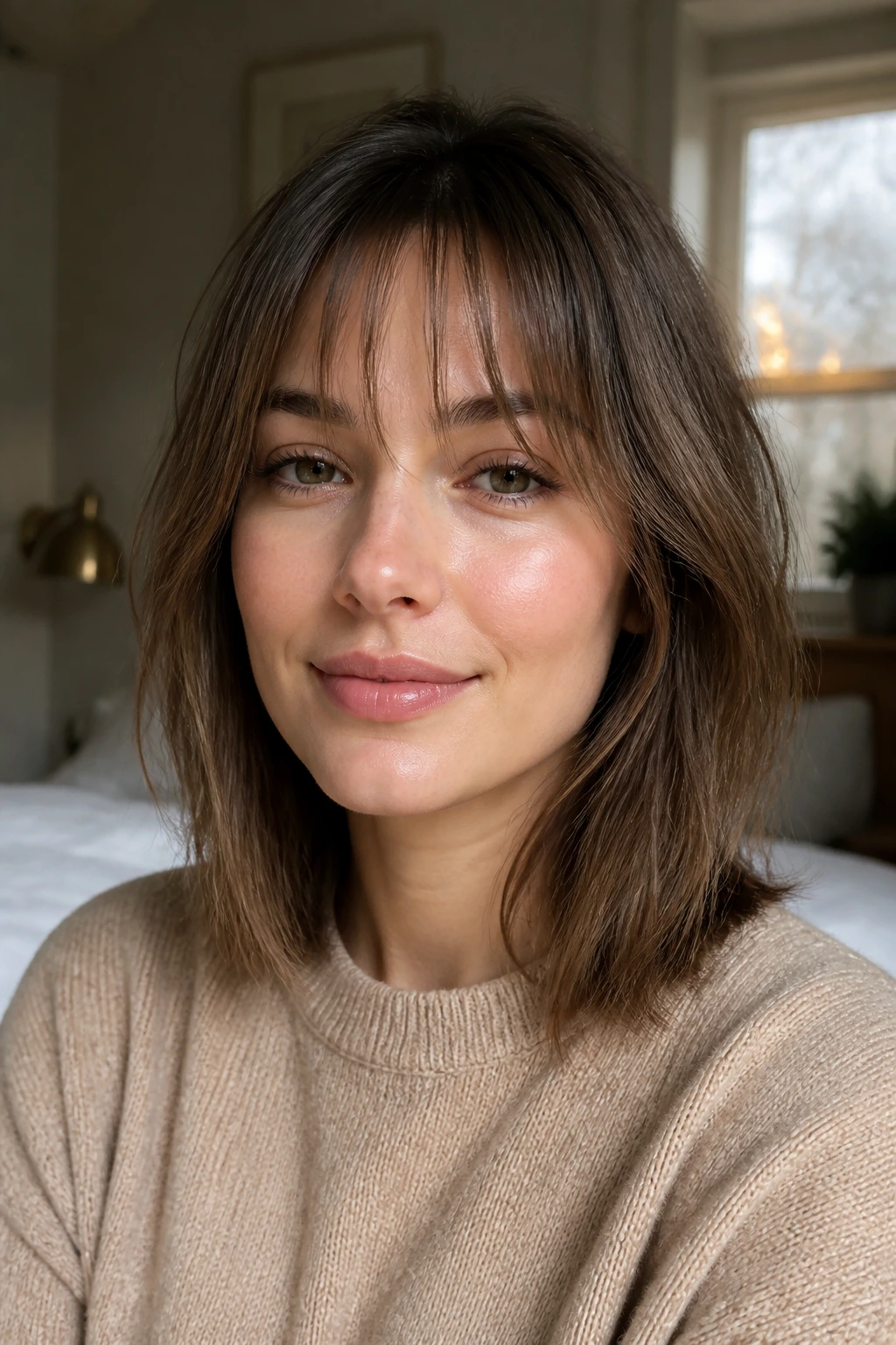 Close-up of a real woman with wispy bangs on a lob