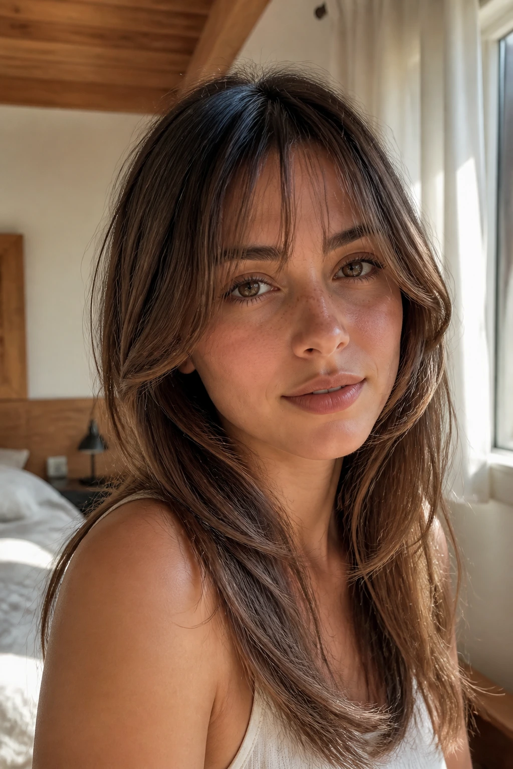 Close-up portrait of a woman with wispy bangs and long face-framing layers in warm light