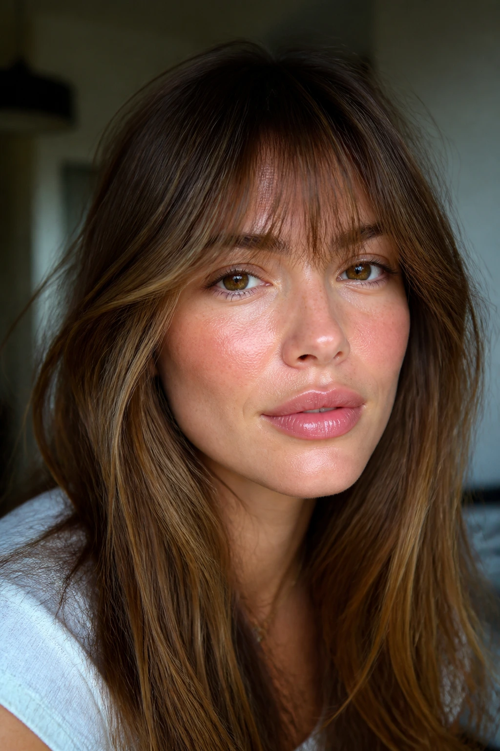 Portrait of a woman with wispy bangs barely touching the brows
