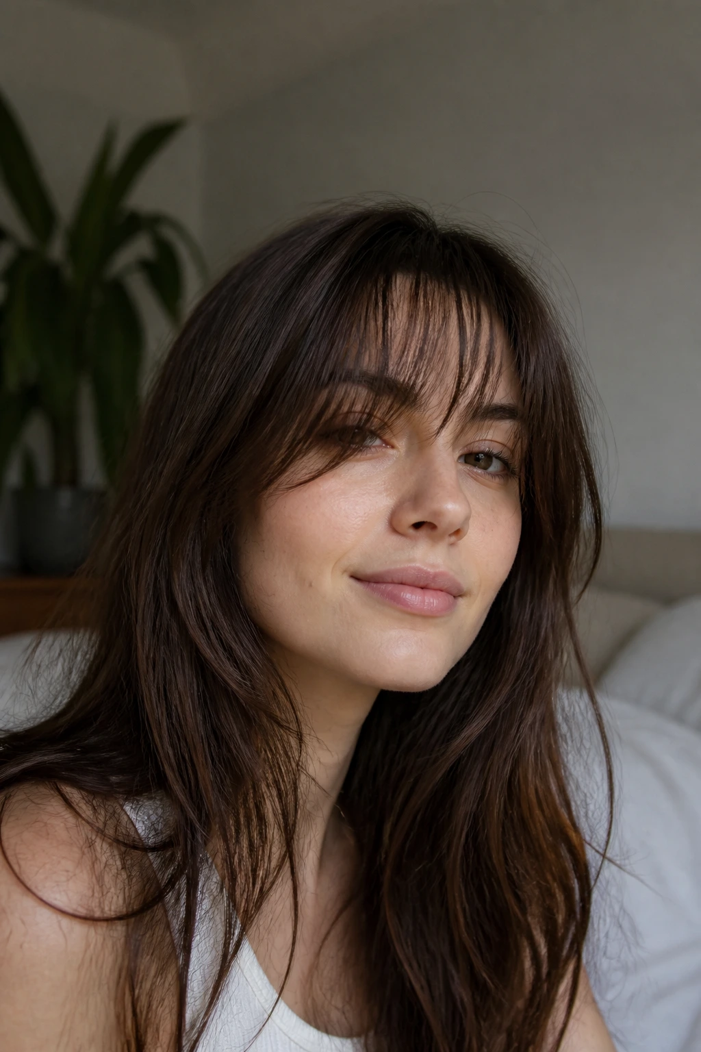 Close-up portrait of a real person with wispy fringe on long hair