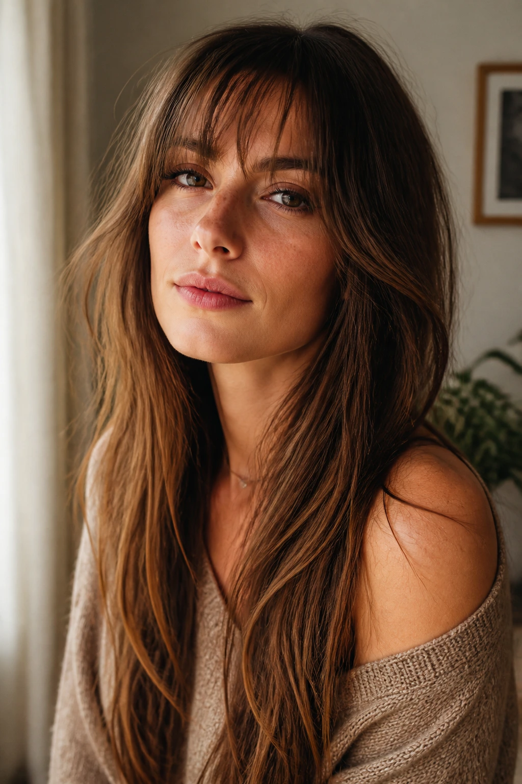 Close-up of a real person with wispy bangs framing long hair