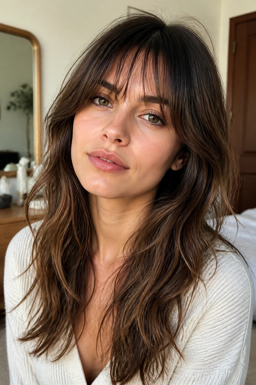 Portrait of a woman with wispy bangs and long shag