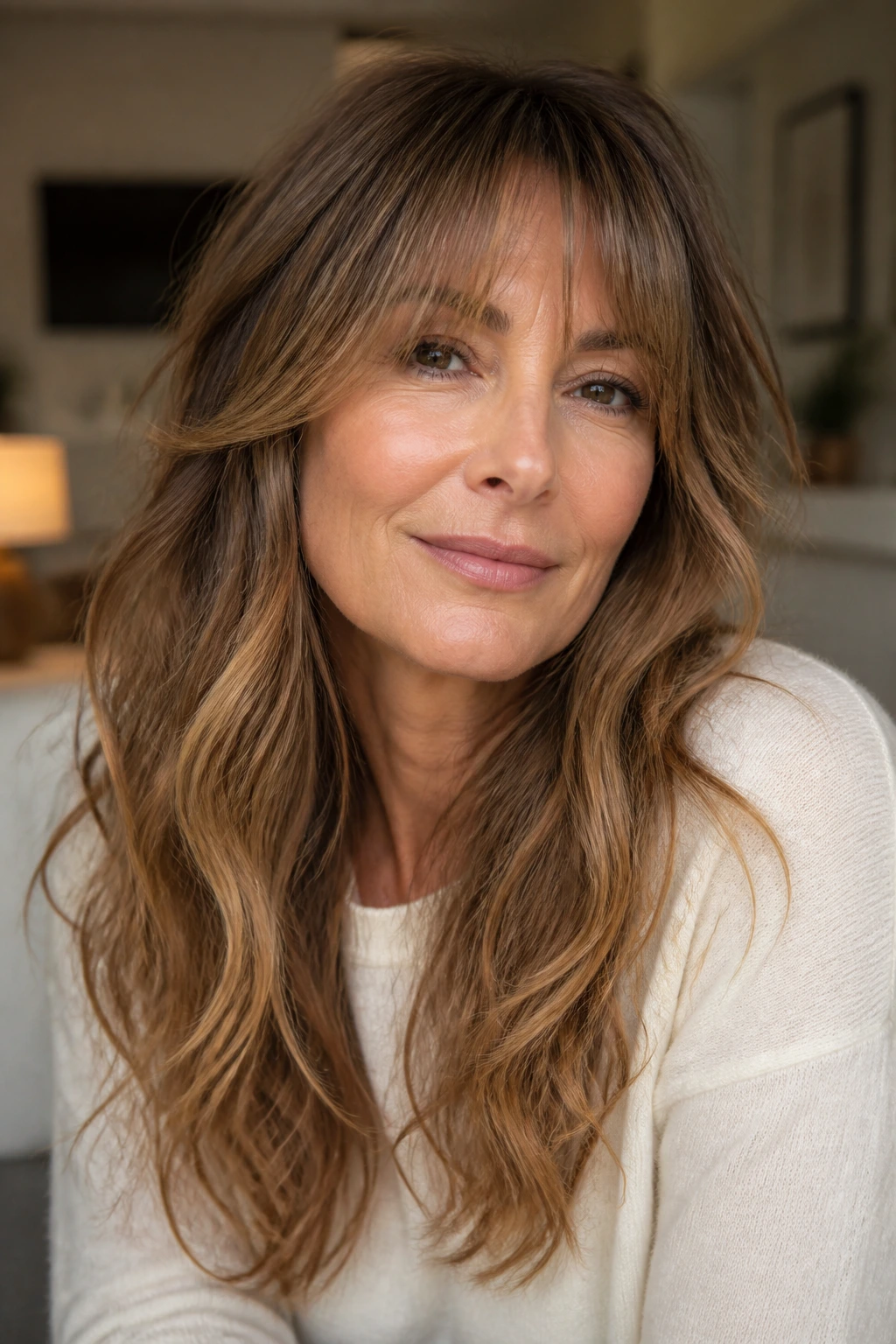 Real woman with wispy bangs blending into long waves.