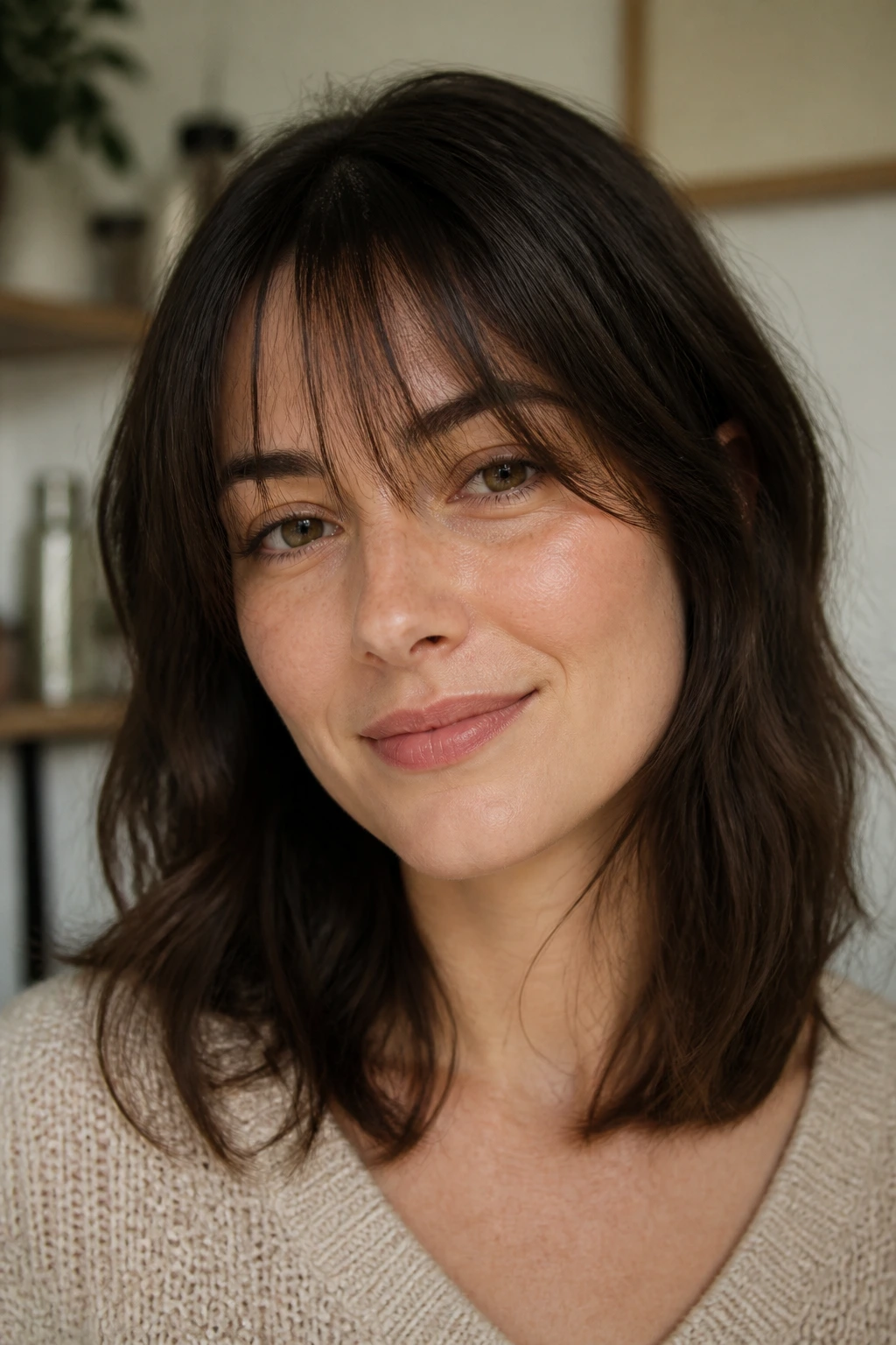 Close-up of wispy bangs on medium-length hair