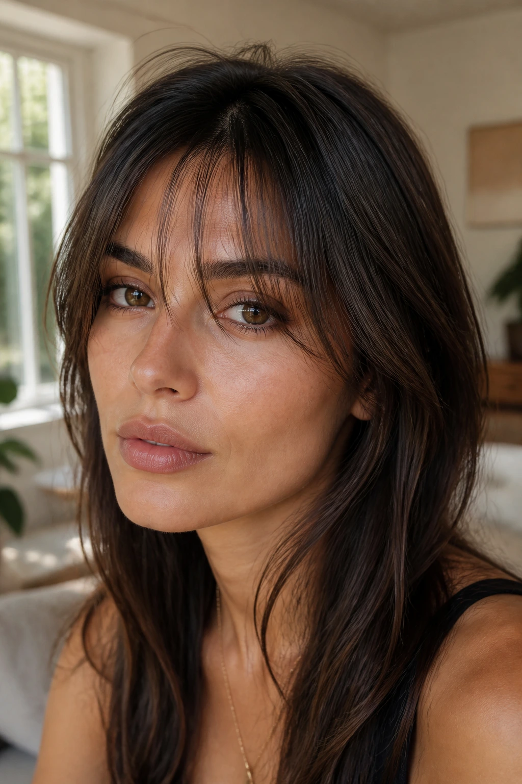 Woman with wispy middle-part bangs creating a light, airy look.