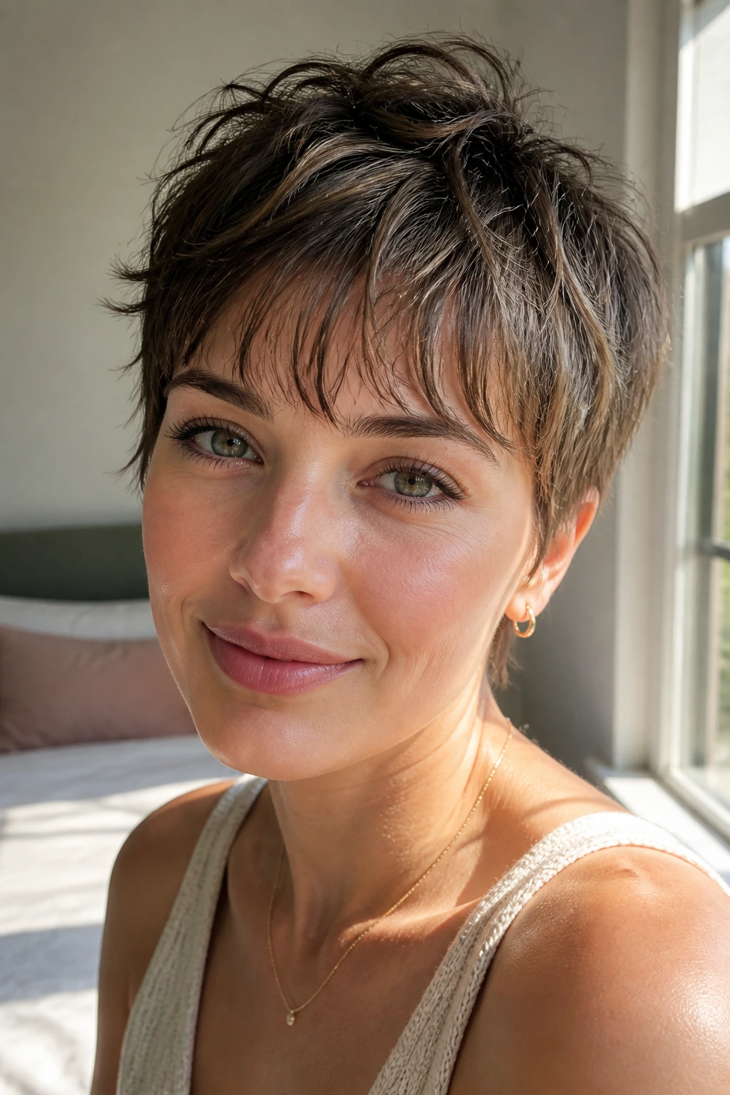 Close-up of a real woman with wispy bangs pixie hairstyle