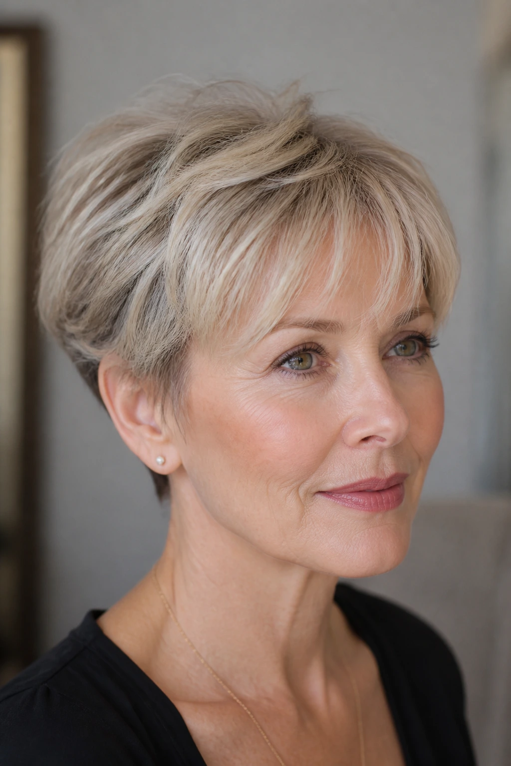 Close-up of a real woman with wispy bangs pixie for fine hair