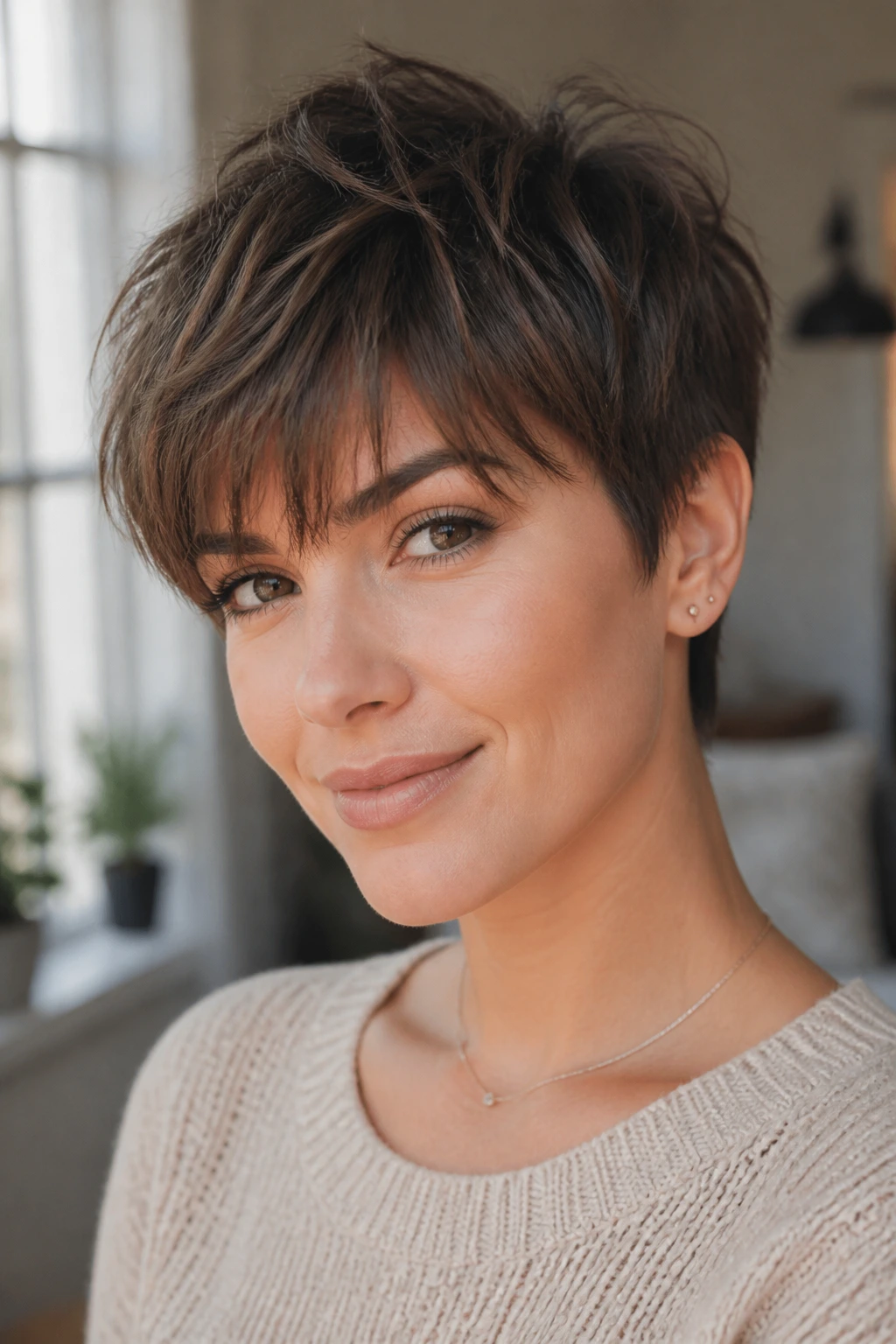 Portrait of a real person with wispy bangs under airy window light.