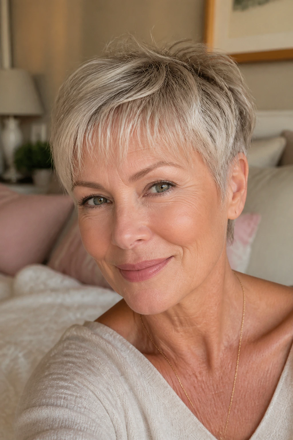 Close-up portrait of a real woman in her 50s with wispy baby-bang pixie, soft window light.
