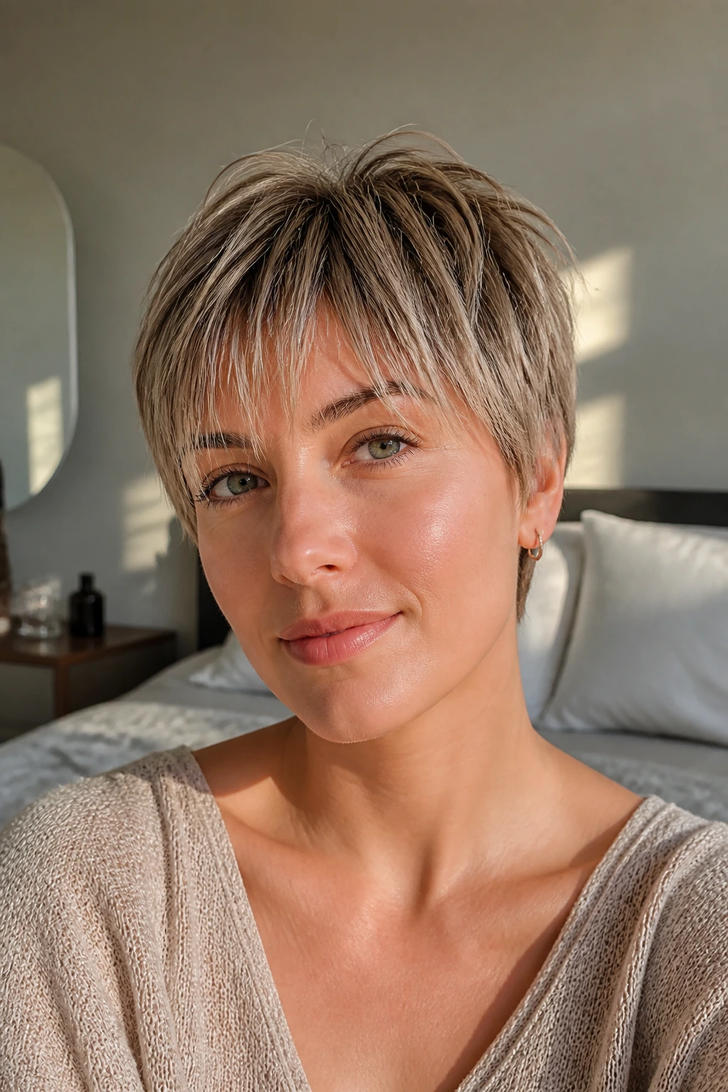 Real-person portrait with wispy bangs pixie cut indoors