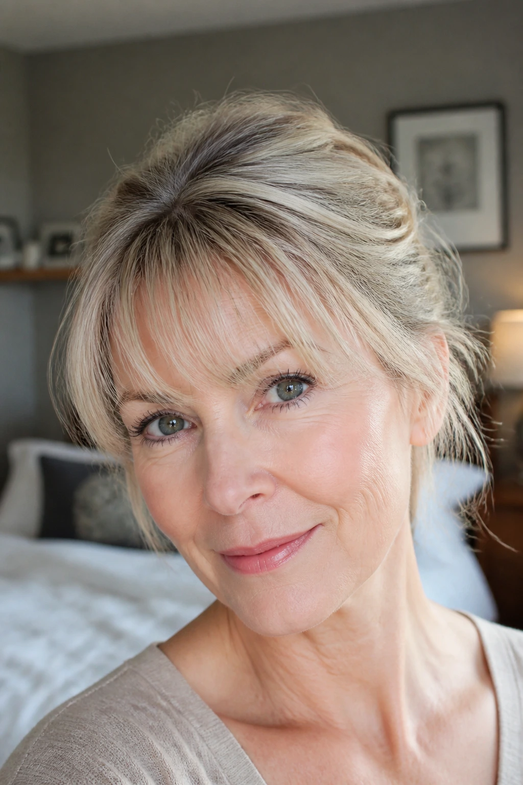 Close-up portrait of a woman with wispy bangs framing the forehead in soft window light