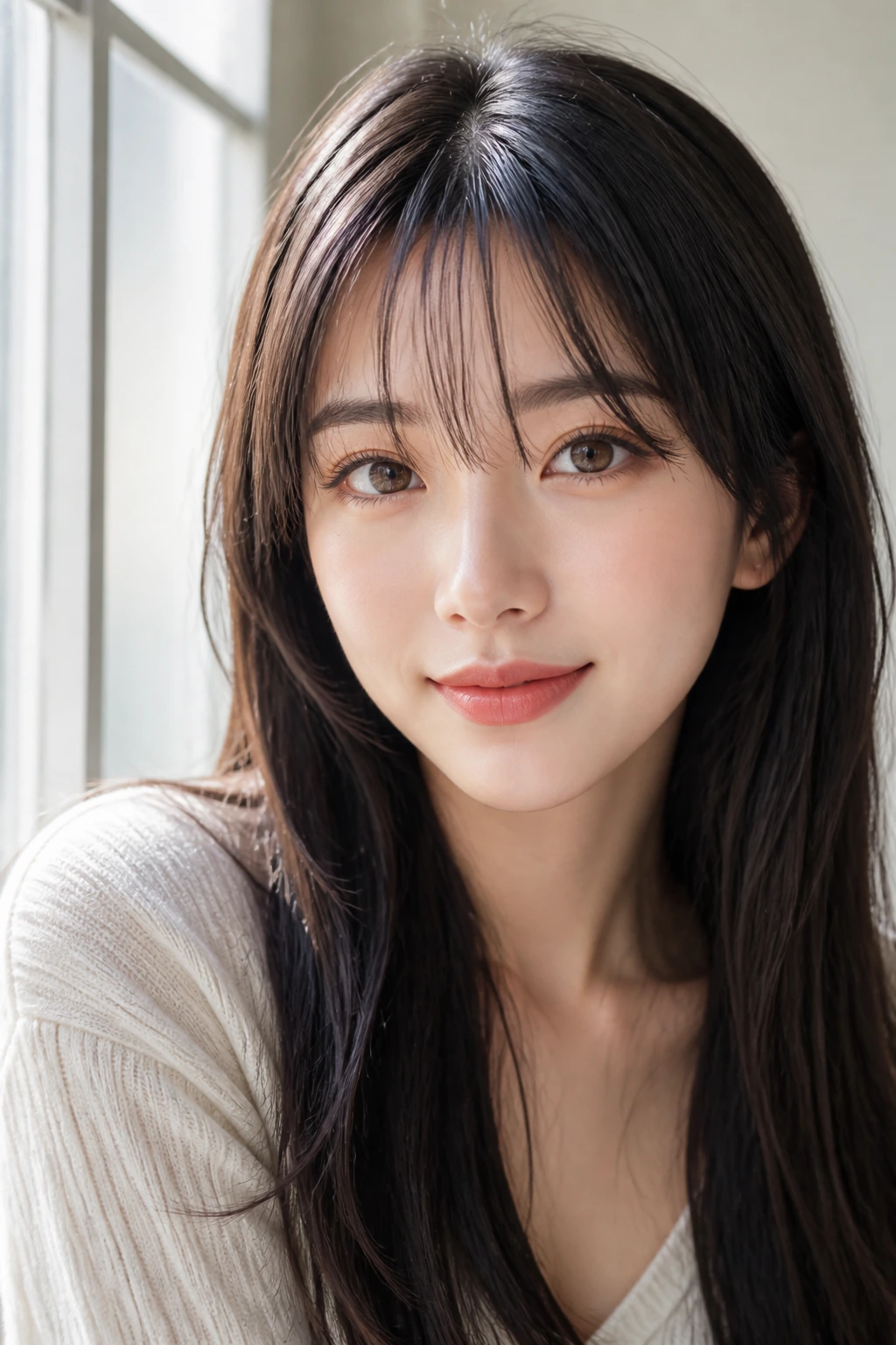 Woman with wispy see-through bangs in airy light